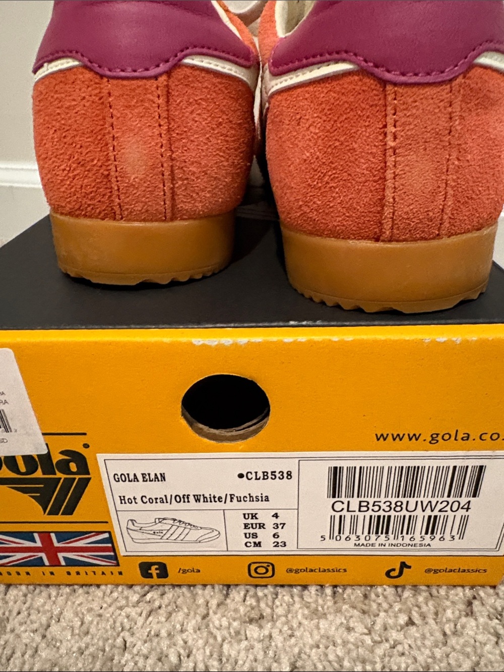 Gola Orange Suede Women’s Sneakers with White Stripes and Purple Heel - Picture 2 of 5
